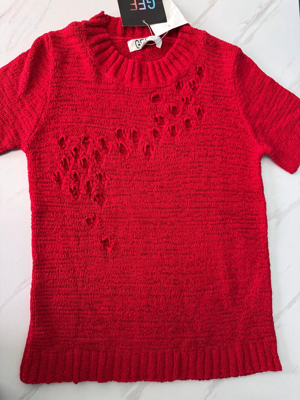 NWT GEE (Genesis et Evolution) Red Distressed Knit Top